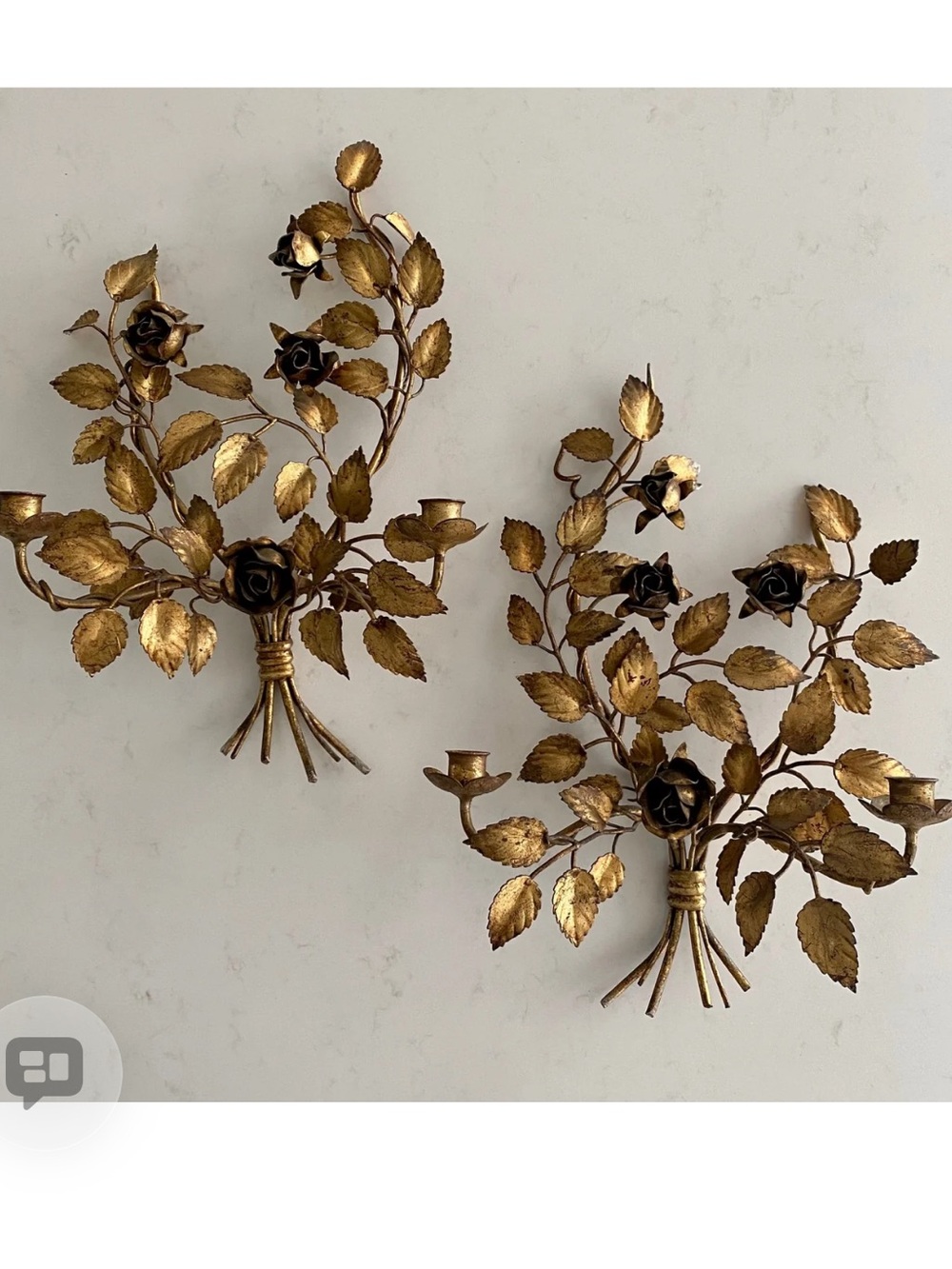 FABULOUS PAIR RARE VINTAGE ITALIAN GILT ROSE DOUBLE WALL SCONCES
